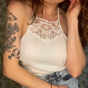 Aeropostale Ribbed Halter Top with Lace Detail